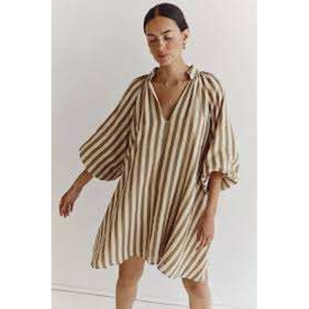 Magaschoni NEW Cream Green Striped Linen Balloon Sleeve Mini Dress Minimalist